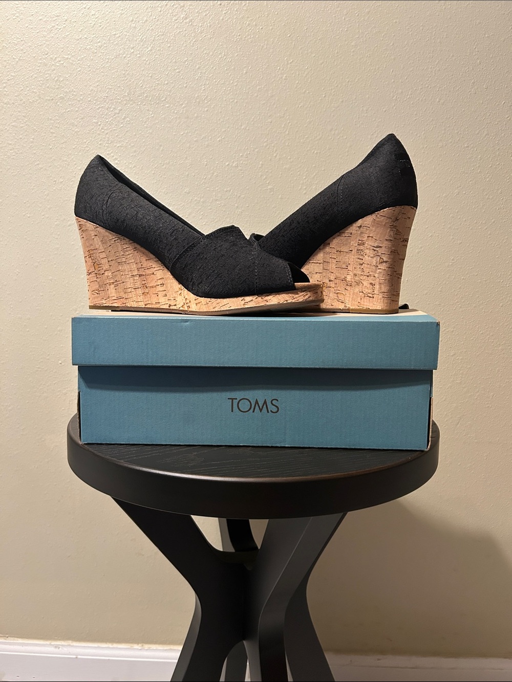 TOMS Black Cork Wedge Peep-Toe Pumps